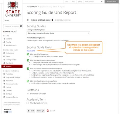 Scoring Guide Unit Report Options